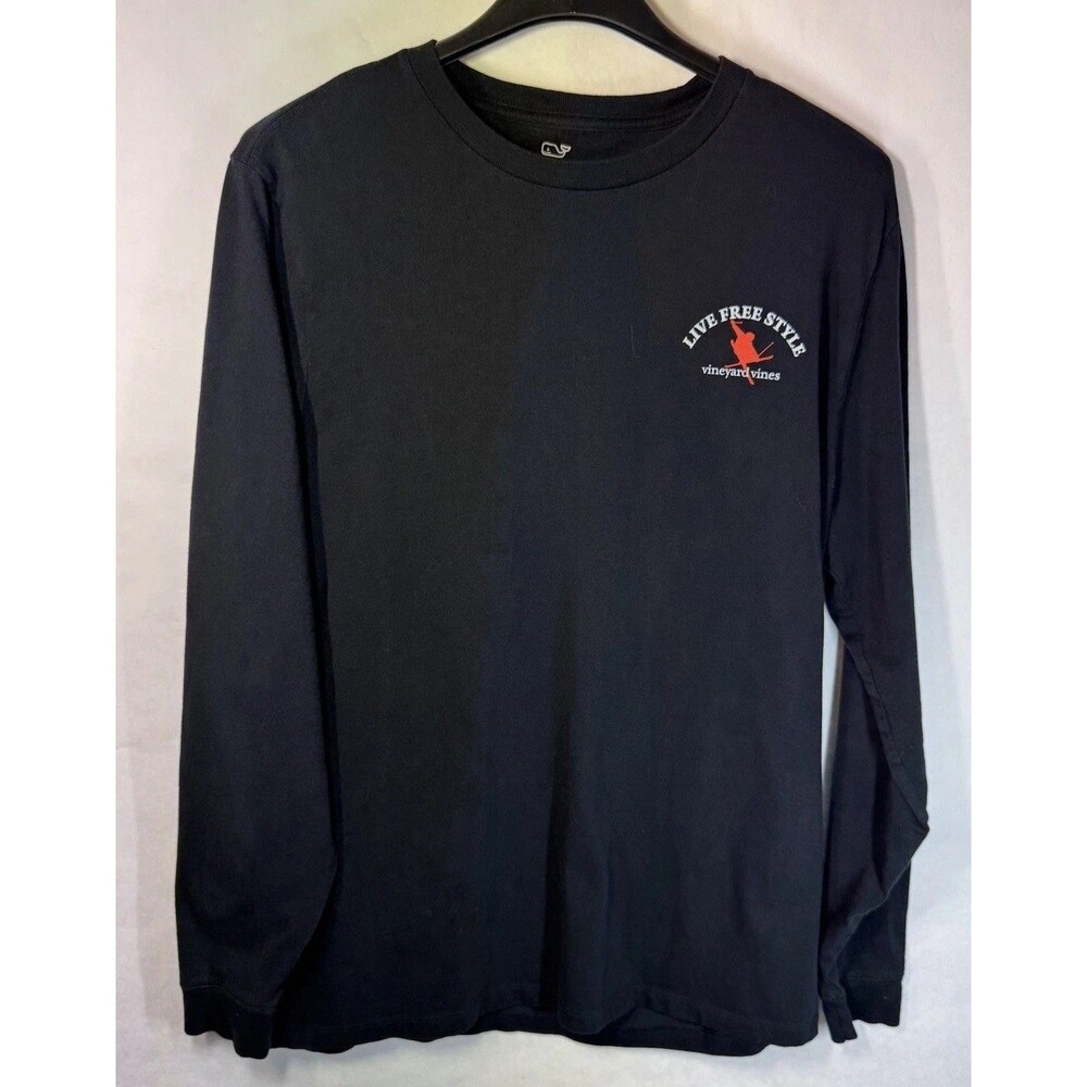 Vineyard Vines Live Free Style Skiing T-Shirt Mens L Blue Crew Neck Long Sleeve